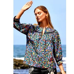 JOHNNY WAS Risa Poplin Colorful Floral Print Peasant Sleeve Top Small NWOT